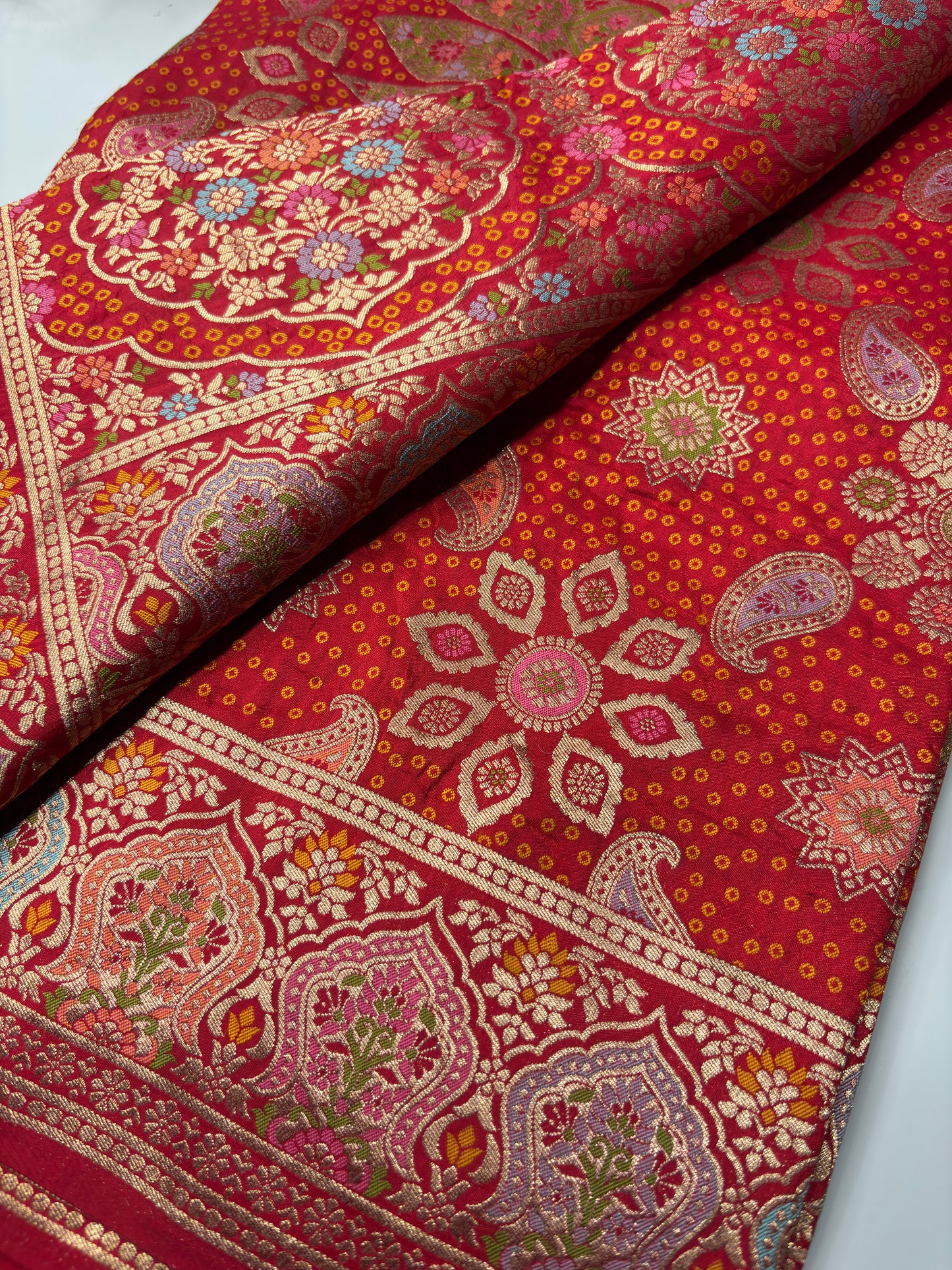 Red Designer Woven Saree with Floral Paisley Motifs & Rich Border