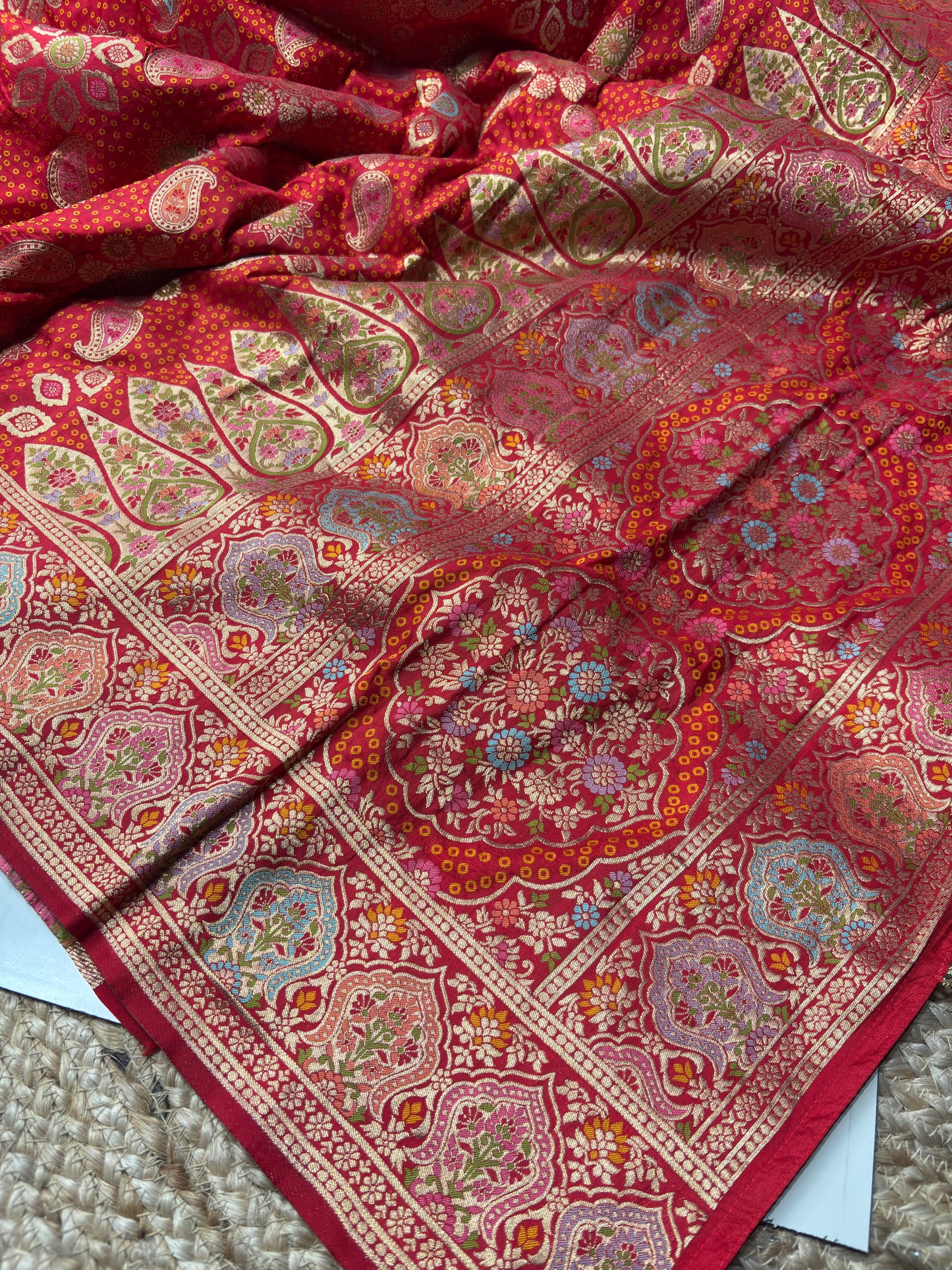 Red Designer Woven Saree with Floral Paisley Motifs & Rich Border