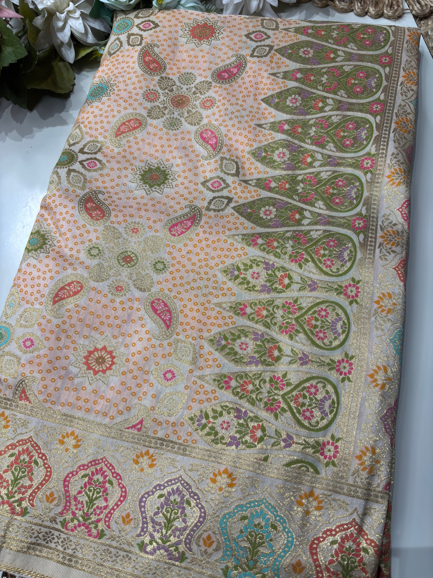 Ivory Designer Woven Saree with Floral Paisley Motifs & Rich Border