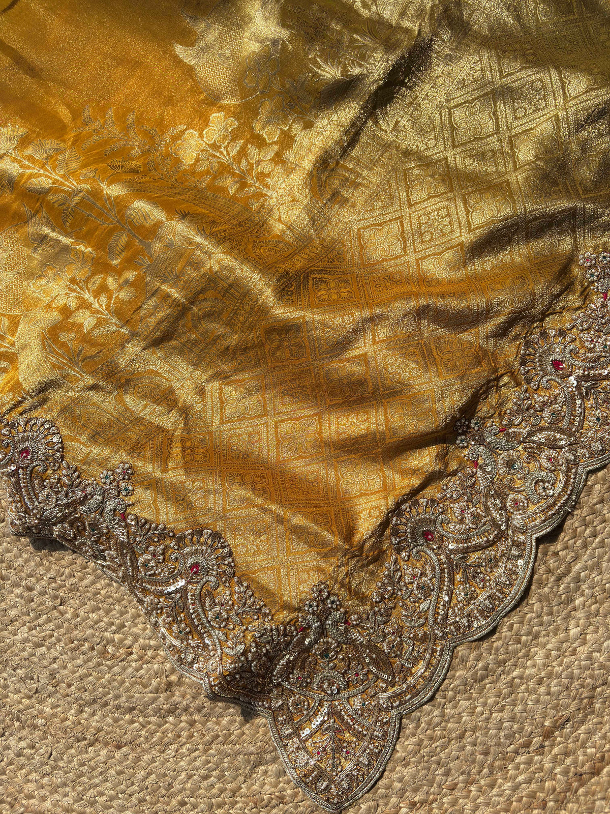 Mustard Golden Banarasi Silk Saree with Heavy Embroidered Border for Weddings