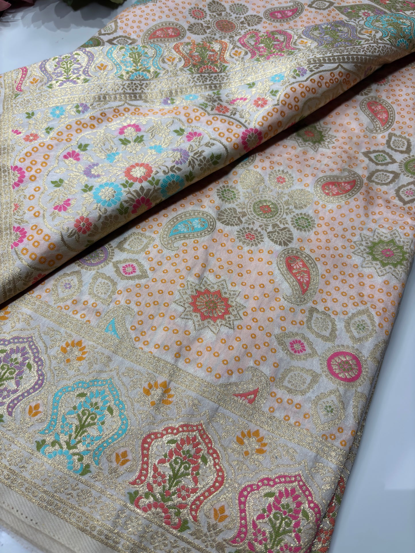 Ivory Designer Woven Saree with Floral Paisley Motifs & Rich Border