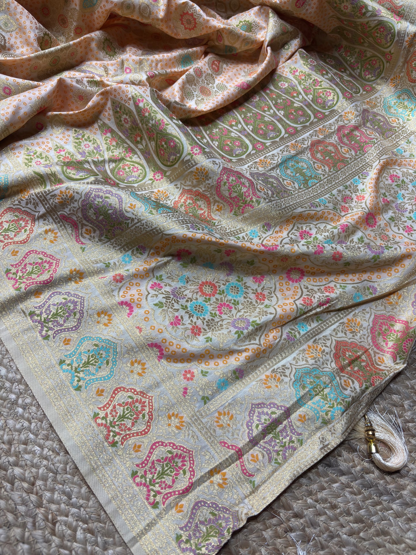 Ivory Designer Woven Saree with Floral Paisley Motifs & Rich Border