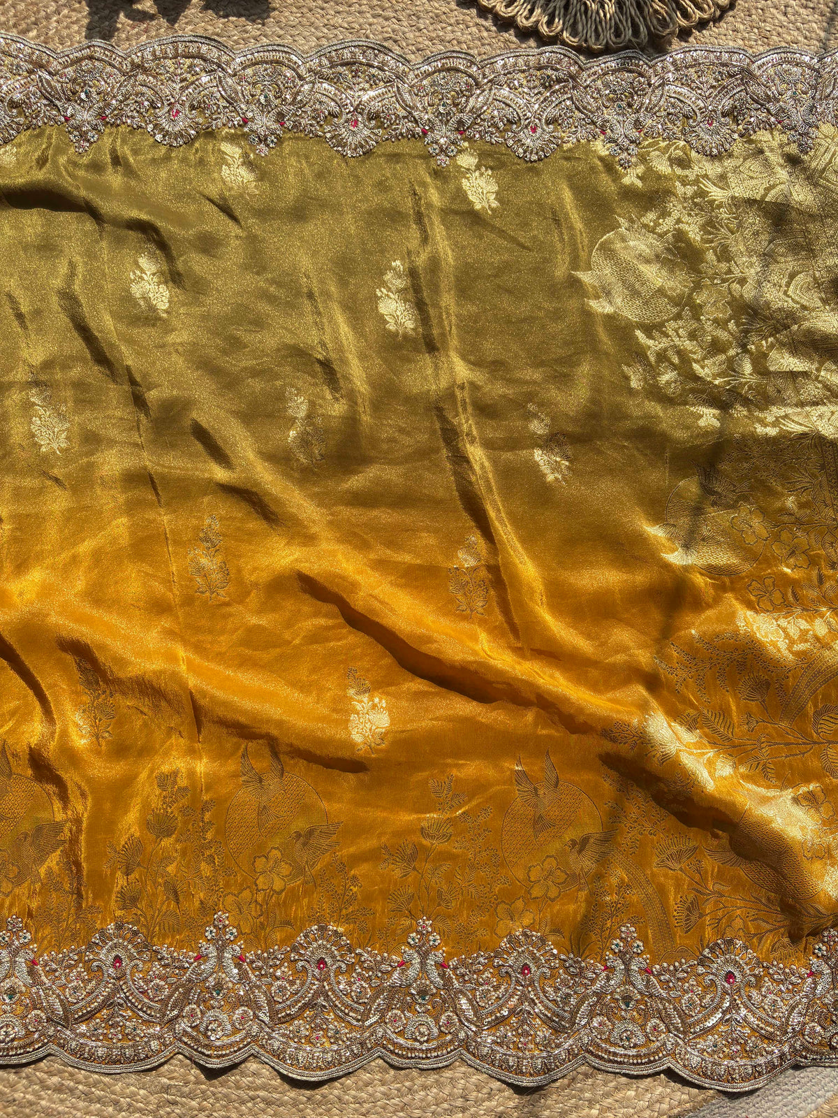 Mustard Golden Banarasi Silk Saree with Heavy Embroidered Border for Weddings