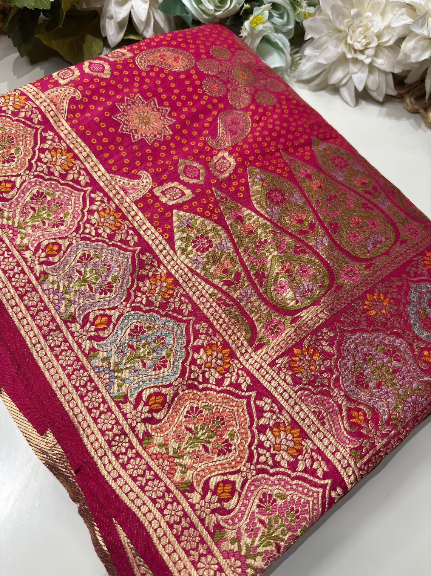 Rani Designer Woven Saree with Floral Paisley Motifs & Rich Border