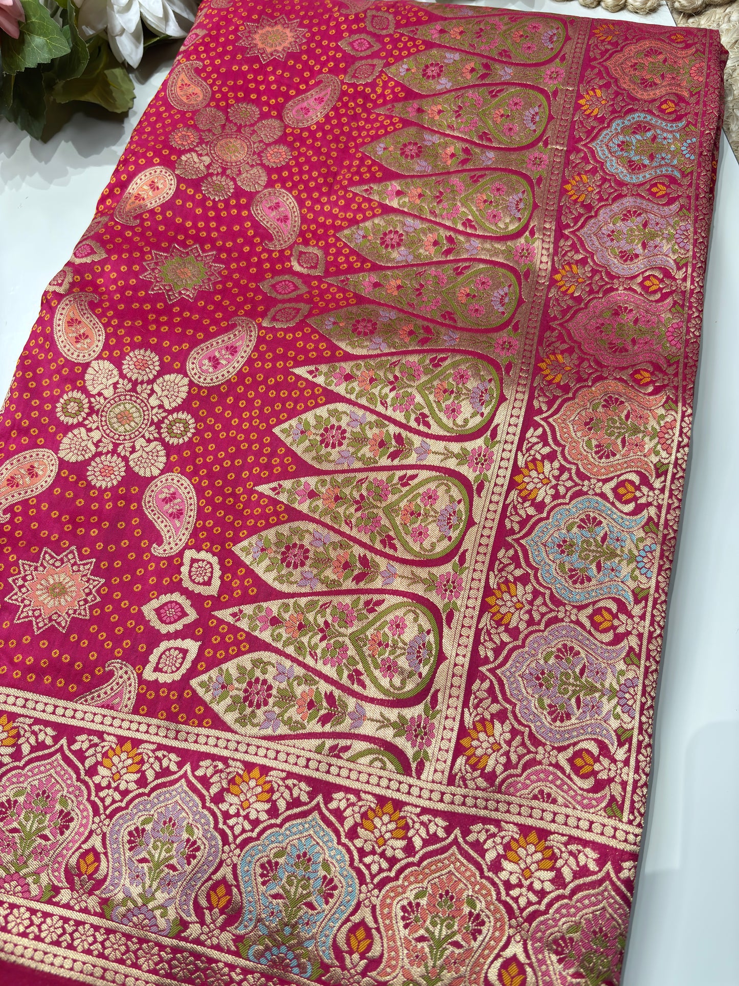 Rani Designer Woven Saree with Floral Paisley Motifs & Rich Border