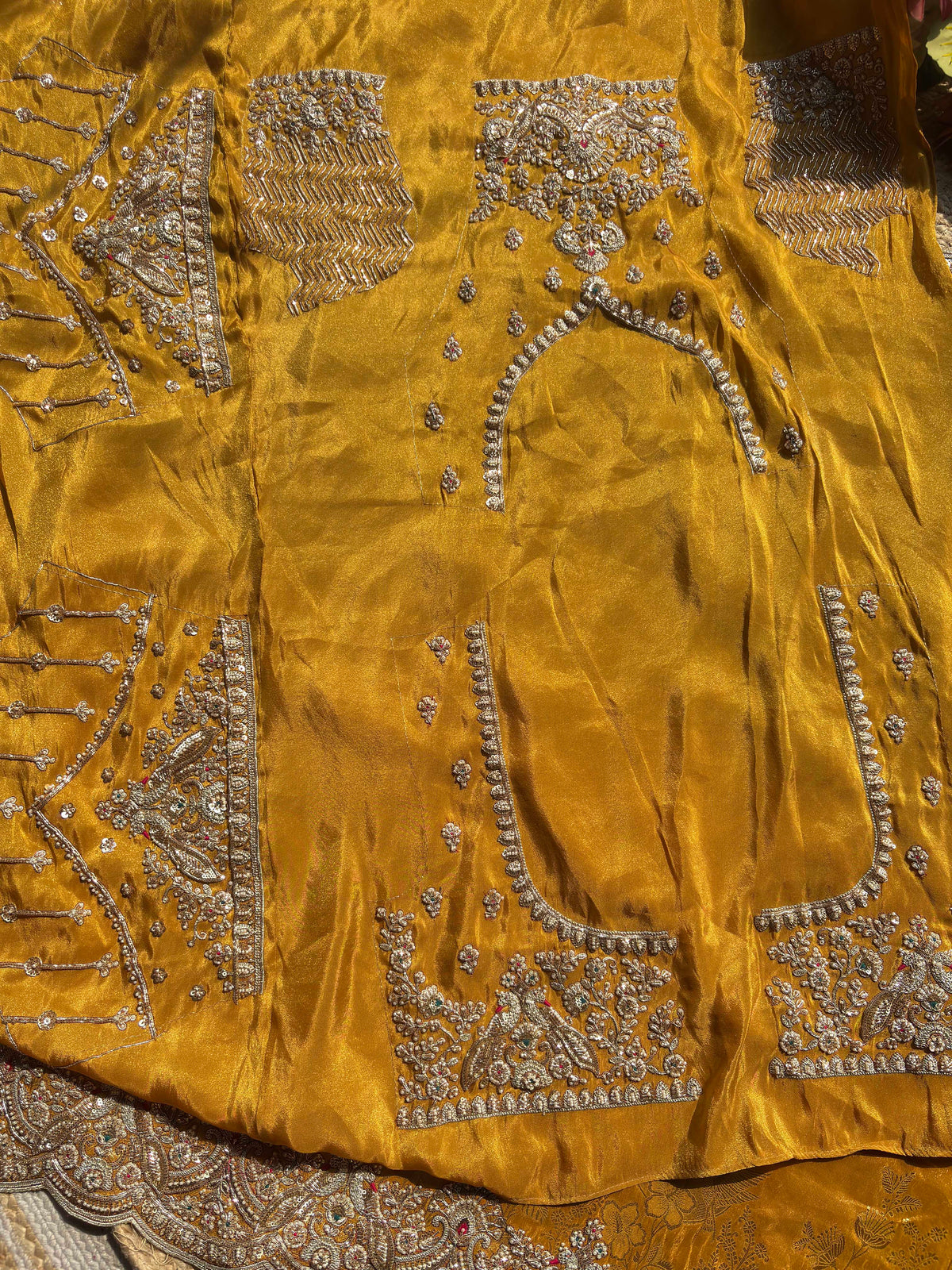 Mustard Golden Banarasi Silk Saree with Heavy Embroidered Border for Weddings