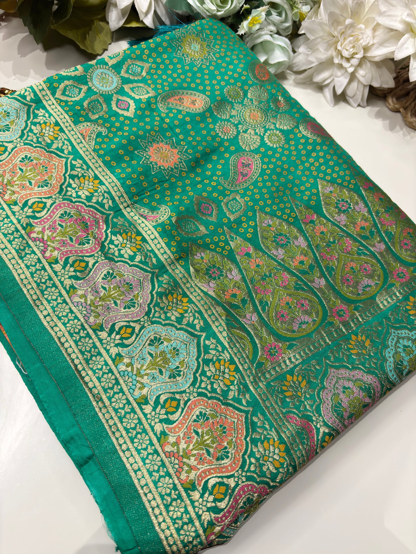 Teal Green Designer Woven Saree with Floral Paisley Motifs & Rich Border