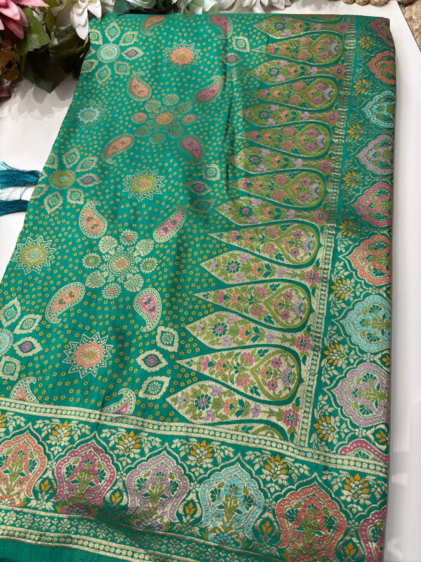 Teal Green Designer Woven Saree with Floral Paisley Motifs & Rich Border