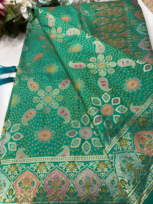 Teal Green Designer Woven Saree with Floral Paisley Motifs & Rich Border