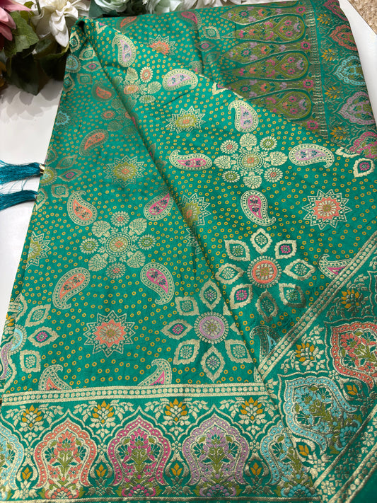 Teal Green Designer Woven Saree with Floral Paisley Motifs & Rich Border