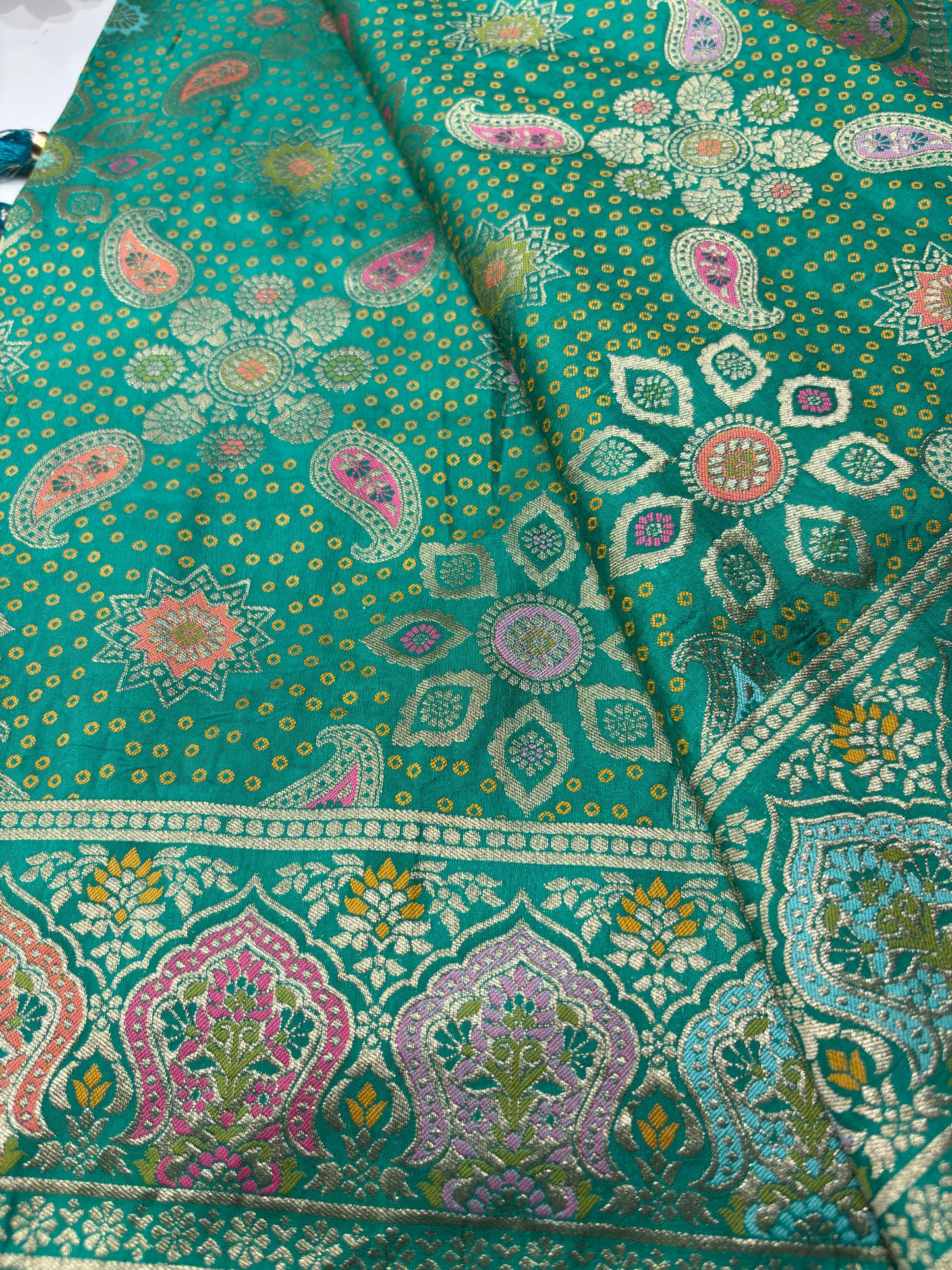 Teal Green Designer Woven Saree with Floral Paisley Motifs & Rich Border