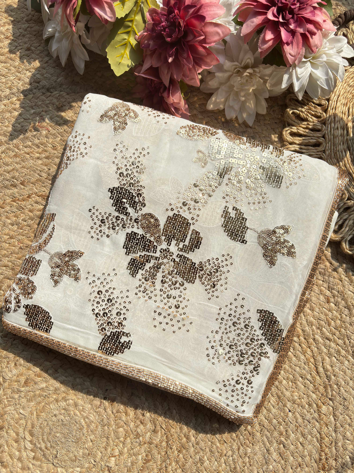 Elegant Ivory White Saree with Gold Sequin Floral Embroidery