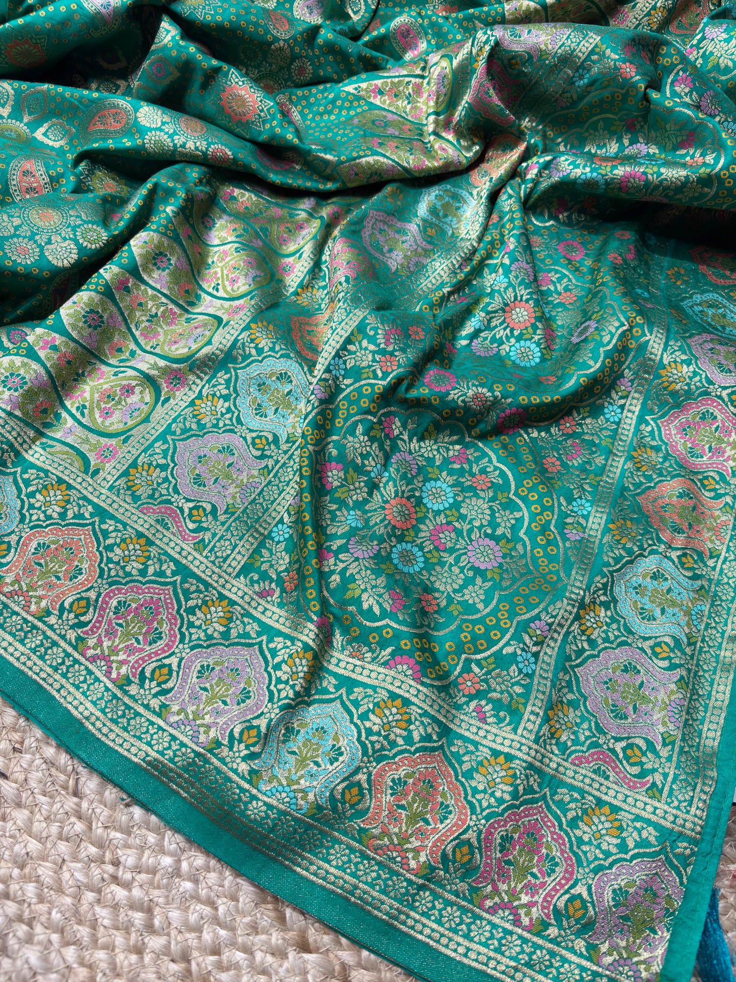 Teal Green Designer Woven Saree with Floral Paisley Motifs & Rich Border