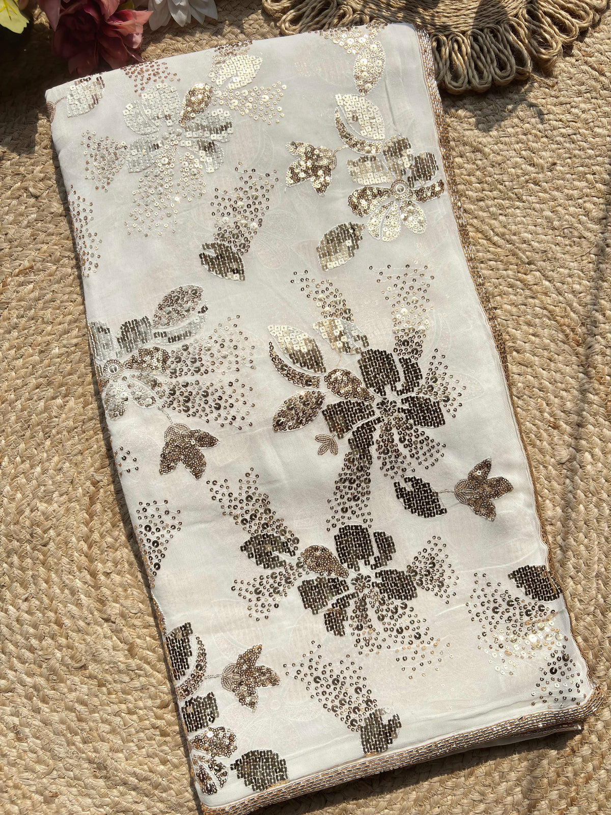 Elegant Ivory White Saree with Gold Sequin Floral Embroidery