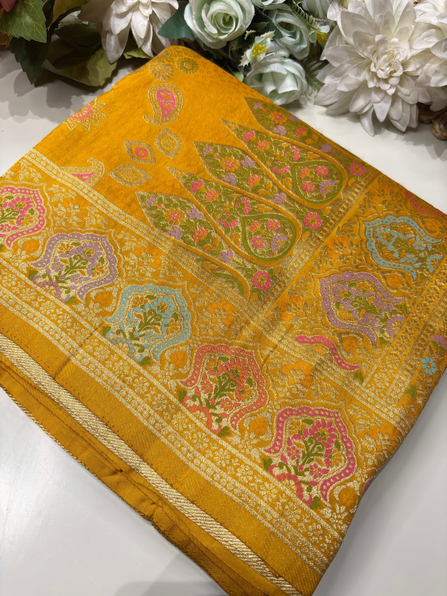 Yellow Designer Woven Saree with Floral Paisley Motifs & Rich Border