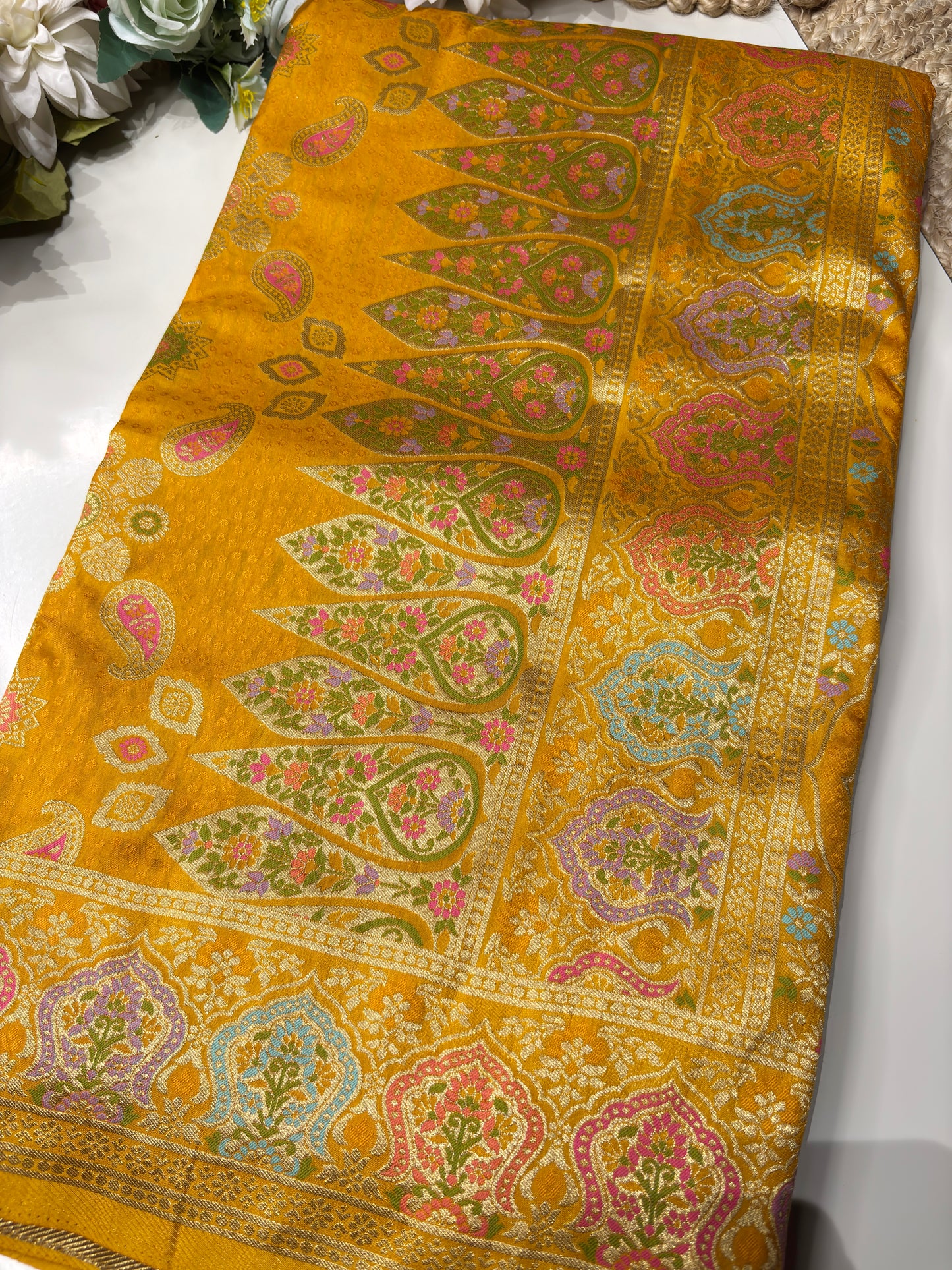 Yellow Designer Woven Saree with Floral Paisley Motifs & Rich Border