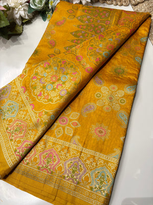 Yellow Designer Woven Saree with Floral Paisley Motifs & Rich Border