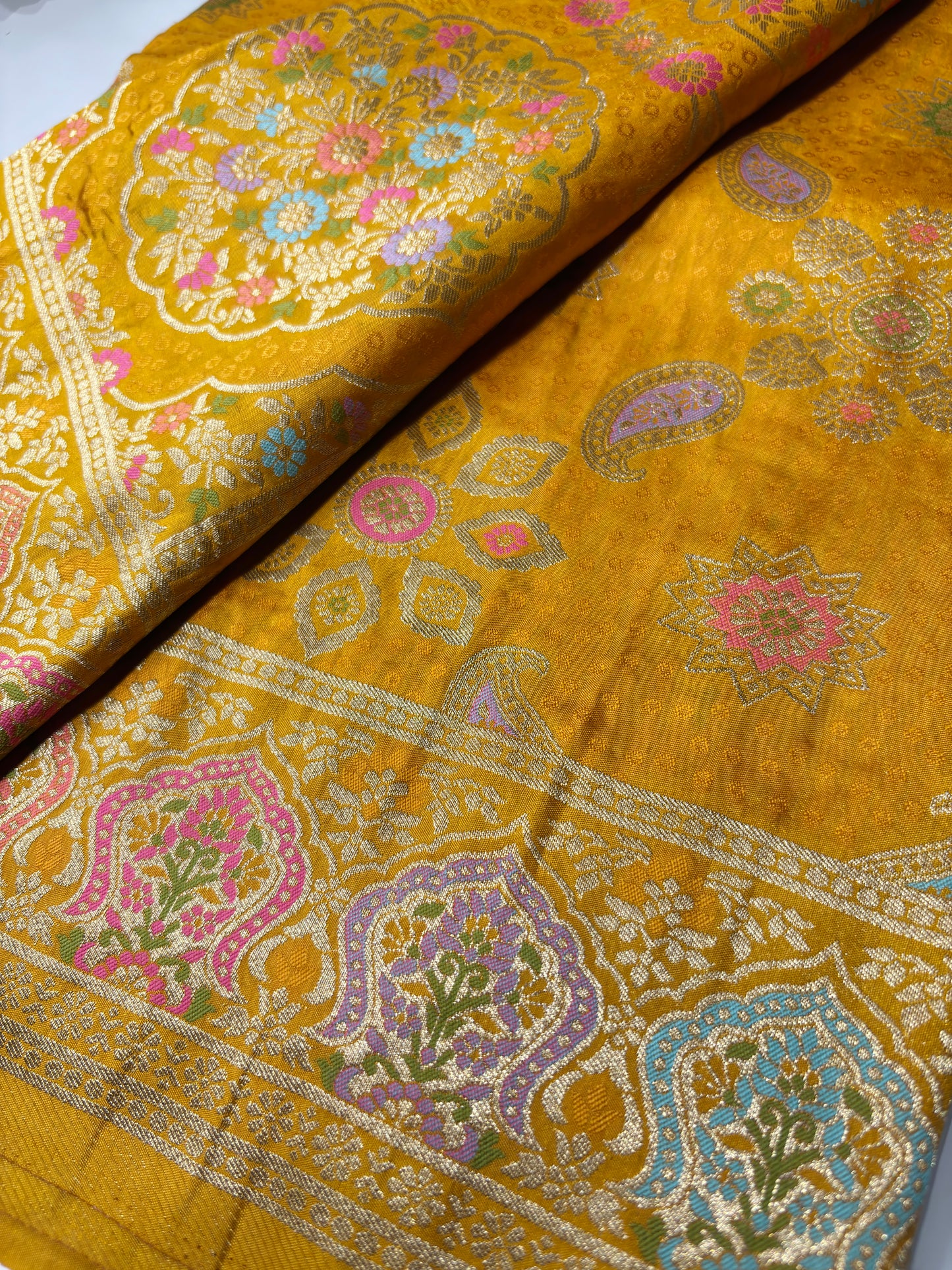 Yellow Designer Woven Saree with Floral Paisley Motifs & Rich Border