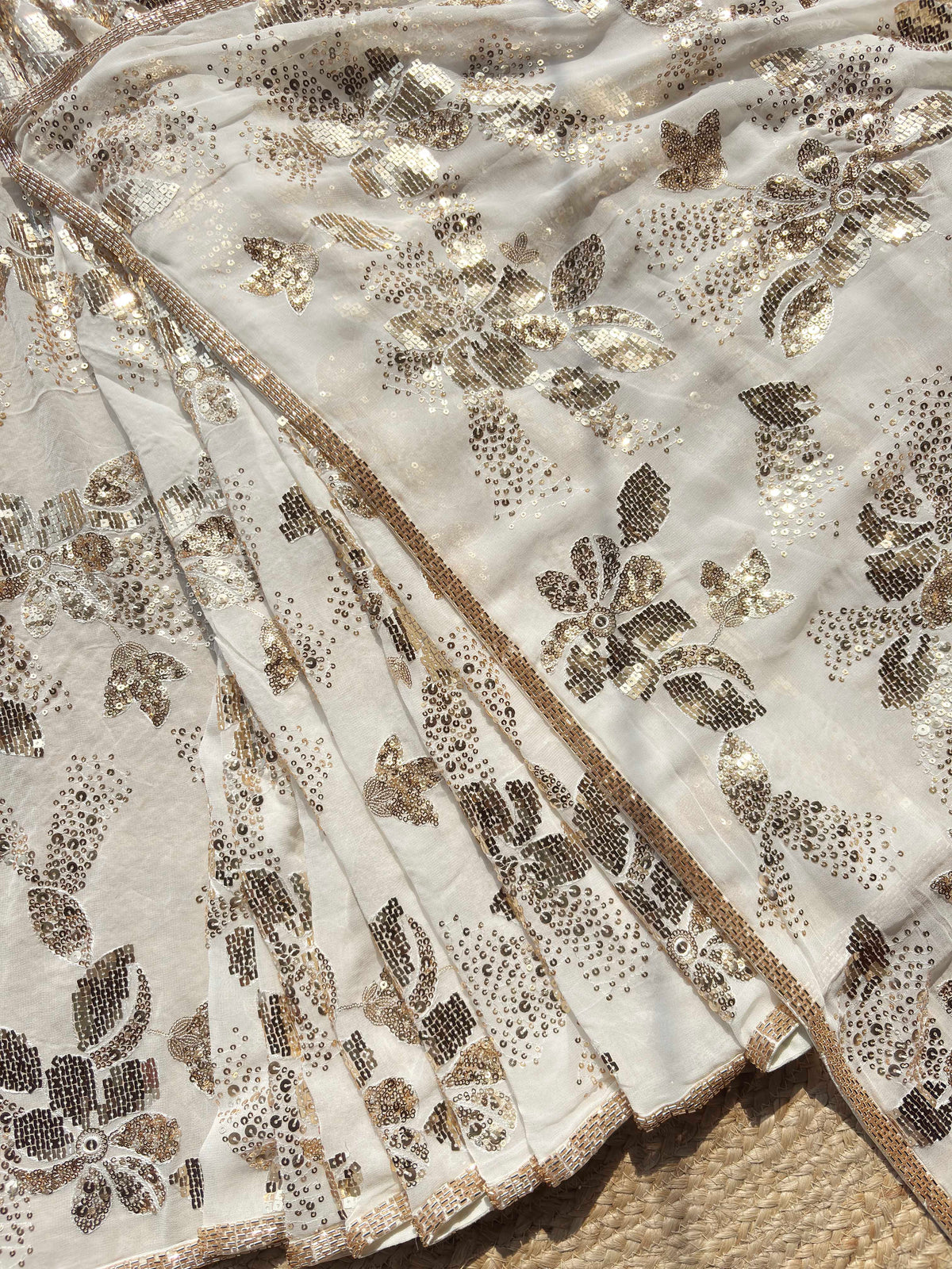 Elegant Ivory White Saree with Gold Sequin Floral Embroidery