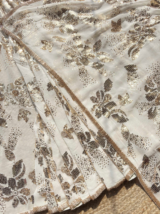 Elegant Ivory White Saree with Gold Sequin Floral Embroidery