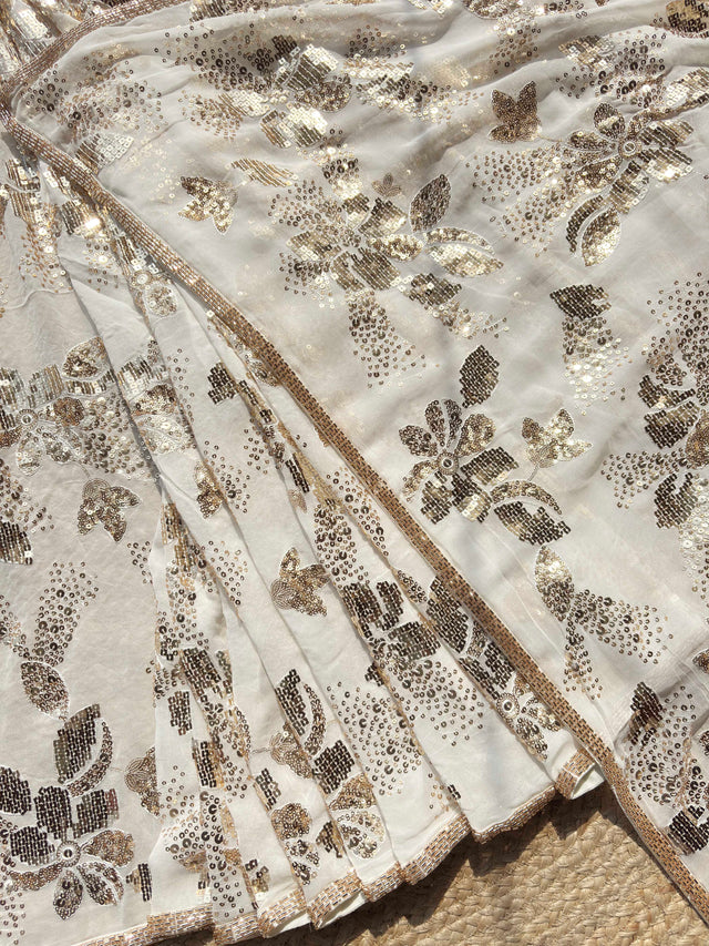 Elegant Ivory White Saree with Gold Sequin Floral Embroidery