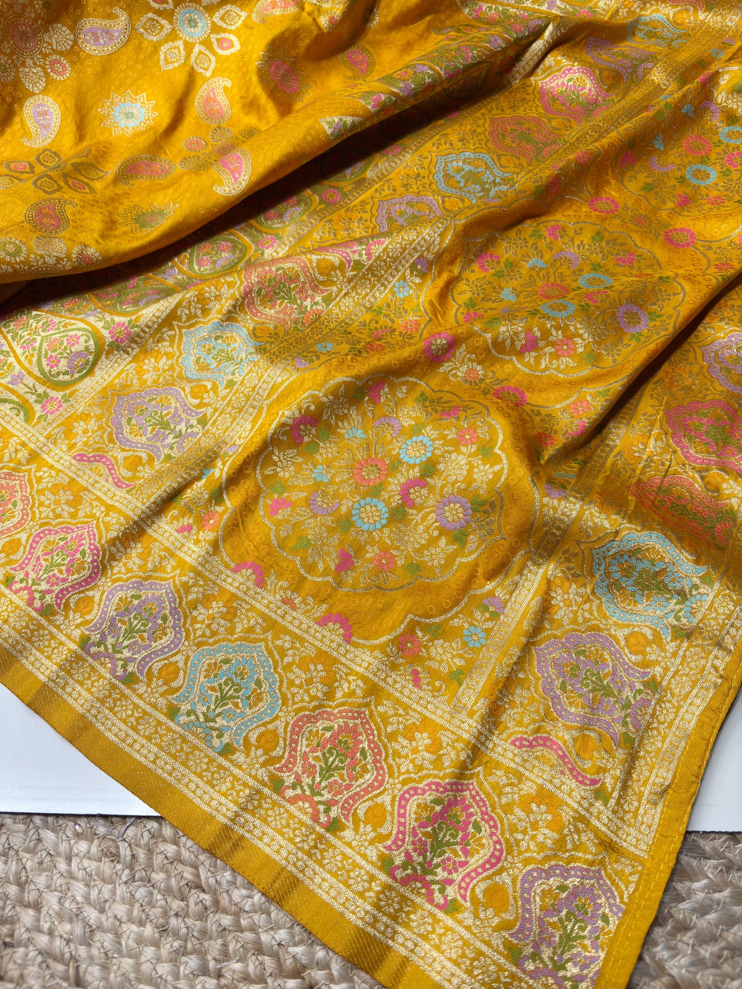 Yellow Designer Woven Saree with Floral Paisley Motifs & Rich Border