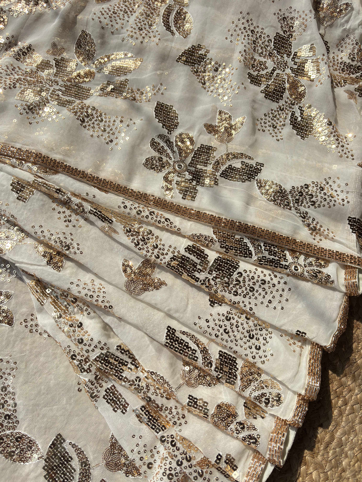 Elegant Ivory White Saree with Gold Sequin Floral Embroidery