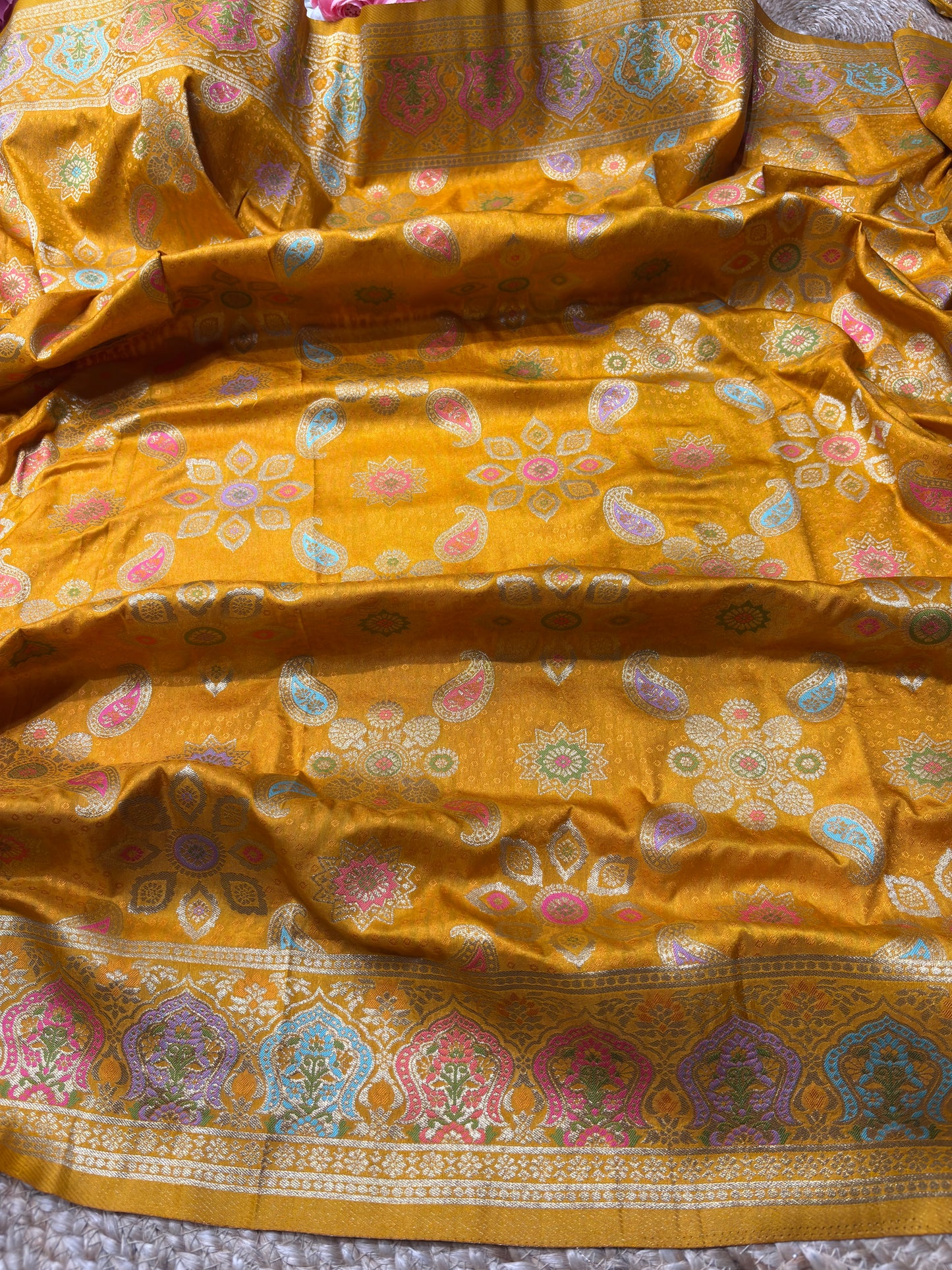 Yellow Designer Woven Saree with Floral Paisley Motifs & Rich Border
