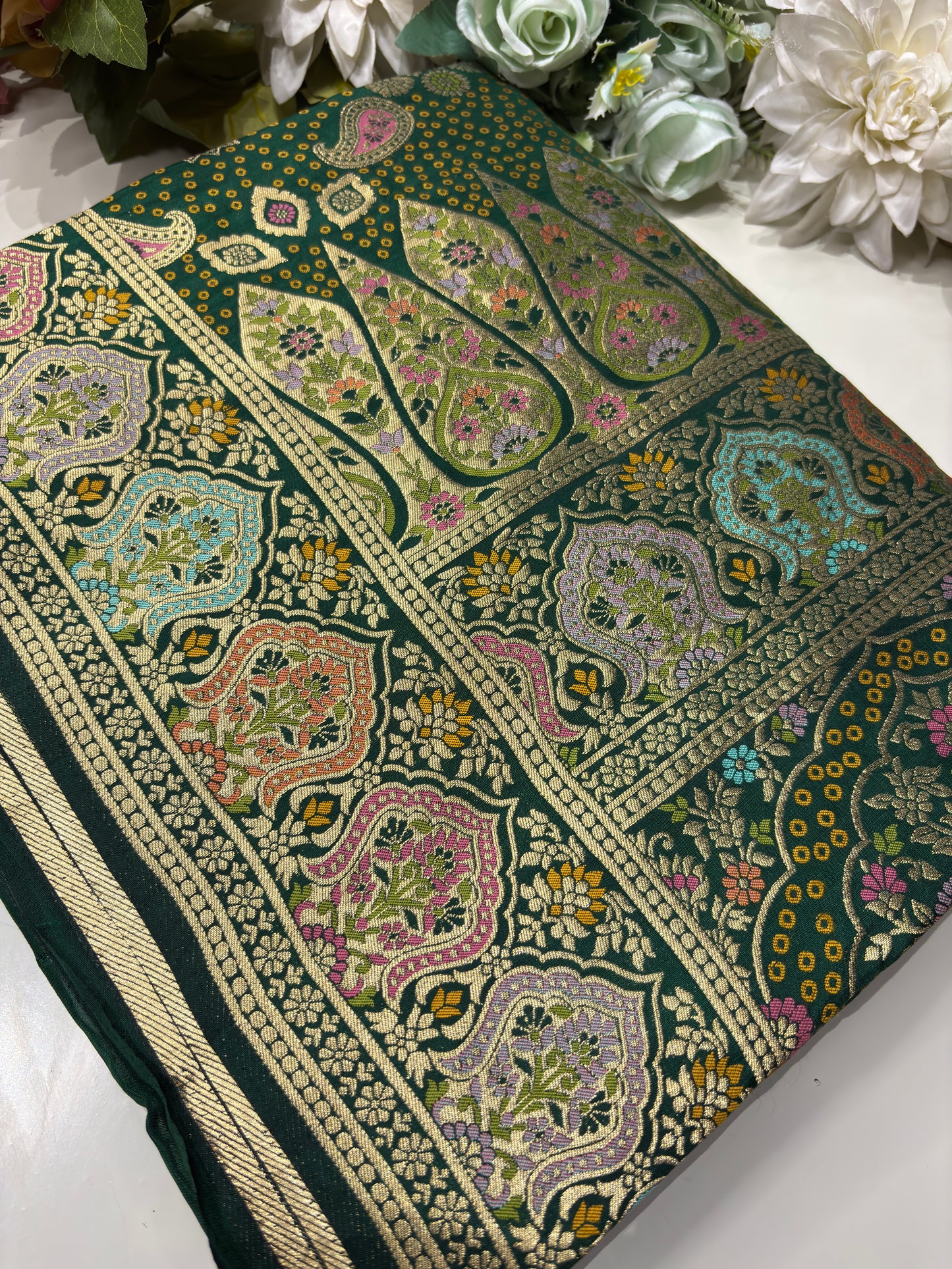 Green Designer Woven Saree with Floral Paisley Motifs & Rich Border