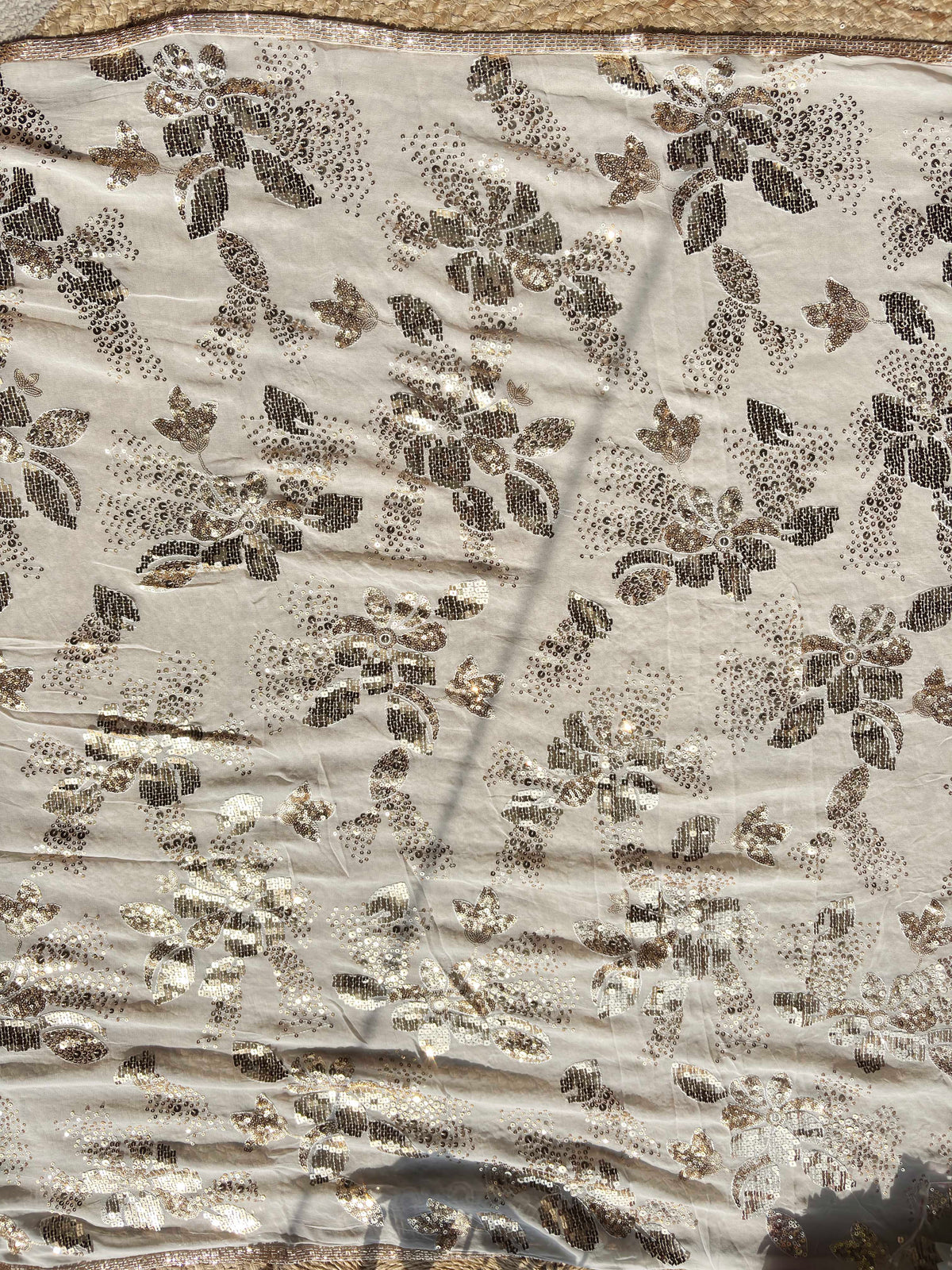 Elegant Ivory White Saree with Gold Sequin Floral Embroidery
