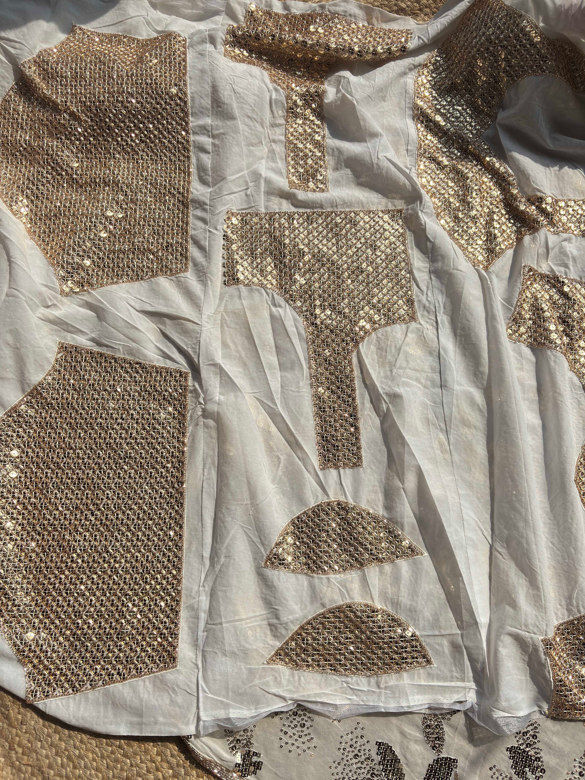 Elegant Ivory White Saree with Gold Sequin Floral Embroidery