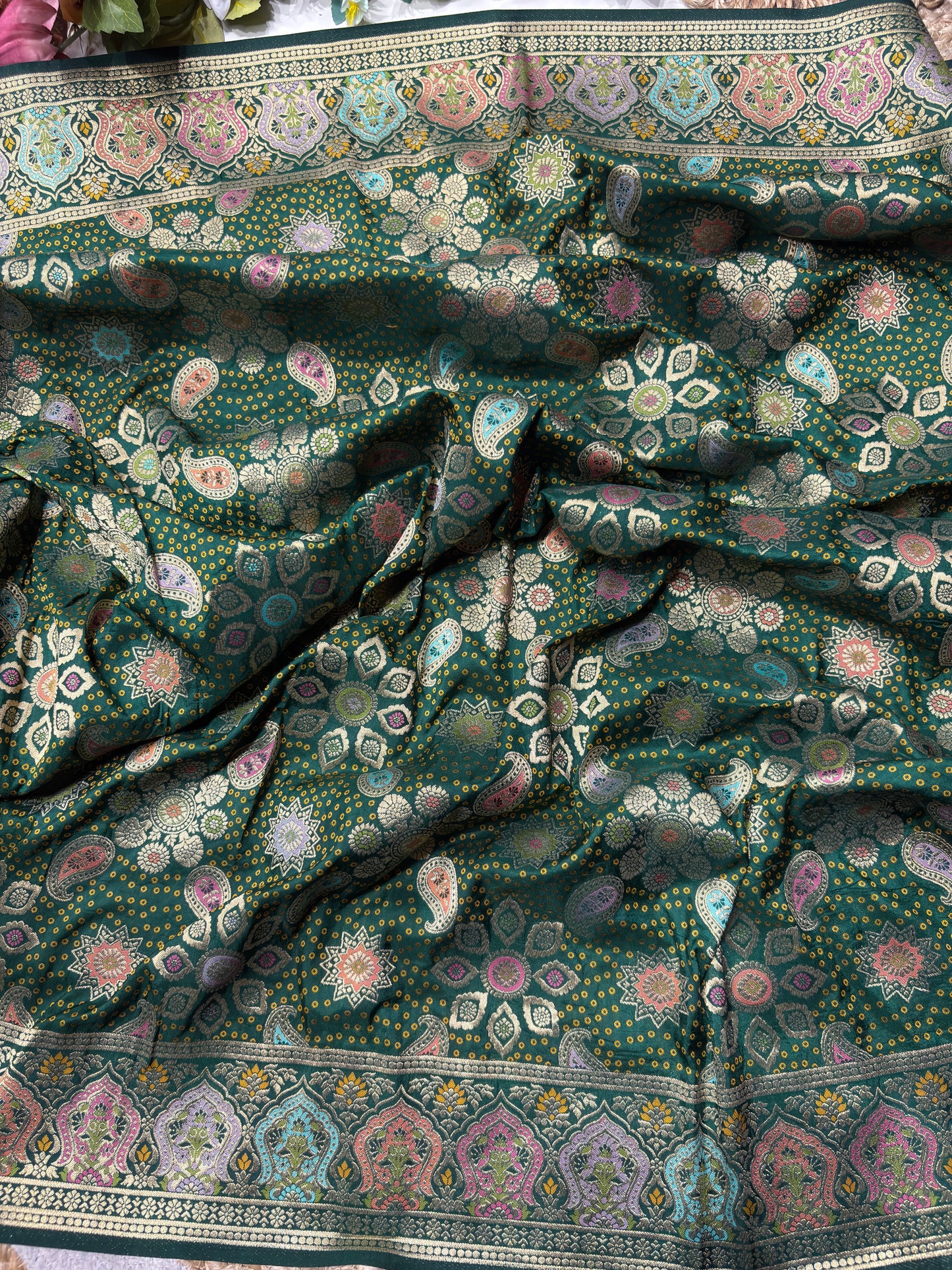 Green Designer Woven Saree with Floral Paisley Motifs & Rich Border