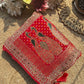 Royal Red Bandhani Saree with Peacock Embroidery & Heavy Zari Border