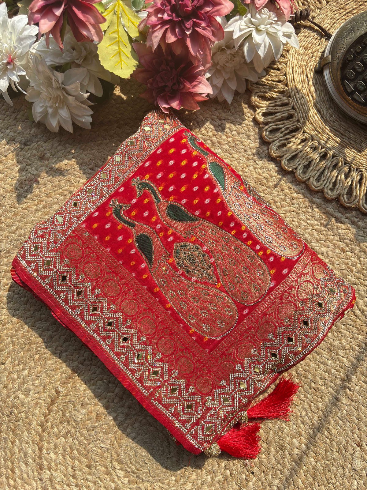 Royal Red Bandhani Saree with Peacock Embroidery & Heavy Zari Border