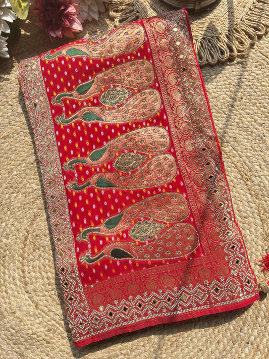 Royal Red Bandhani Saree with Peacock Embroidery & Heavy Zari Border