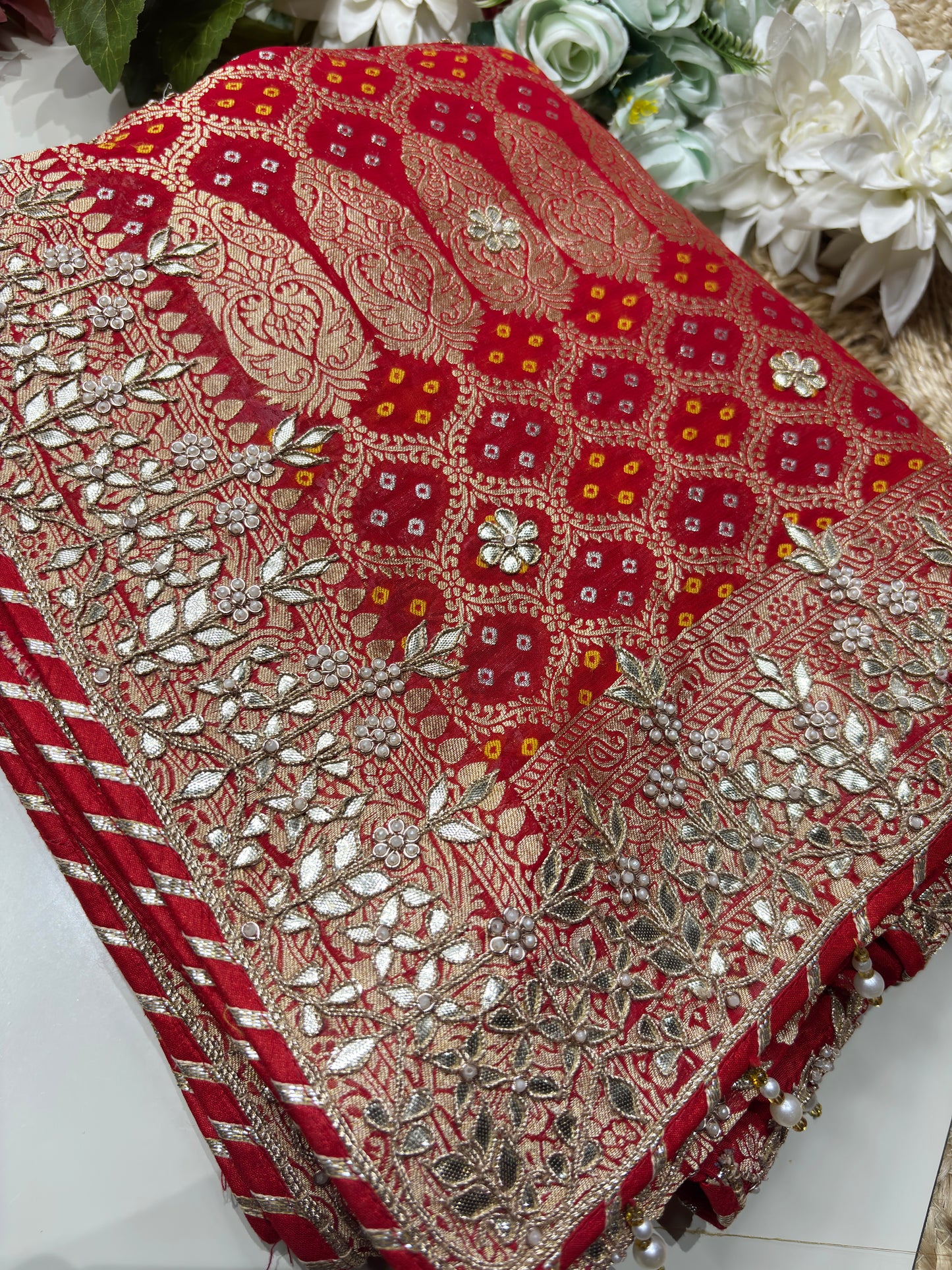 Red Designer Woven Saree with Heavy Zari Work Border & Floral Motifs