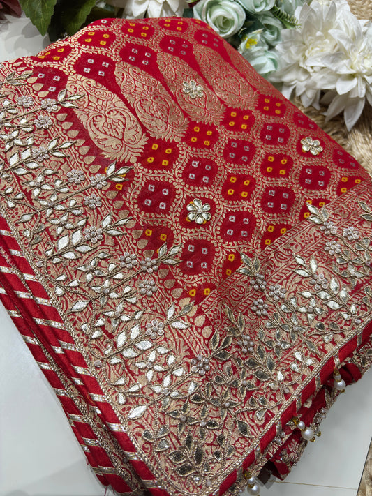 Red Designer Woven Saree with Heavy Zari Work Border & Floral Motifs