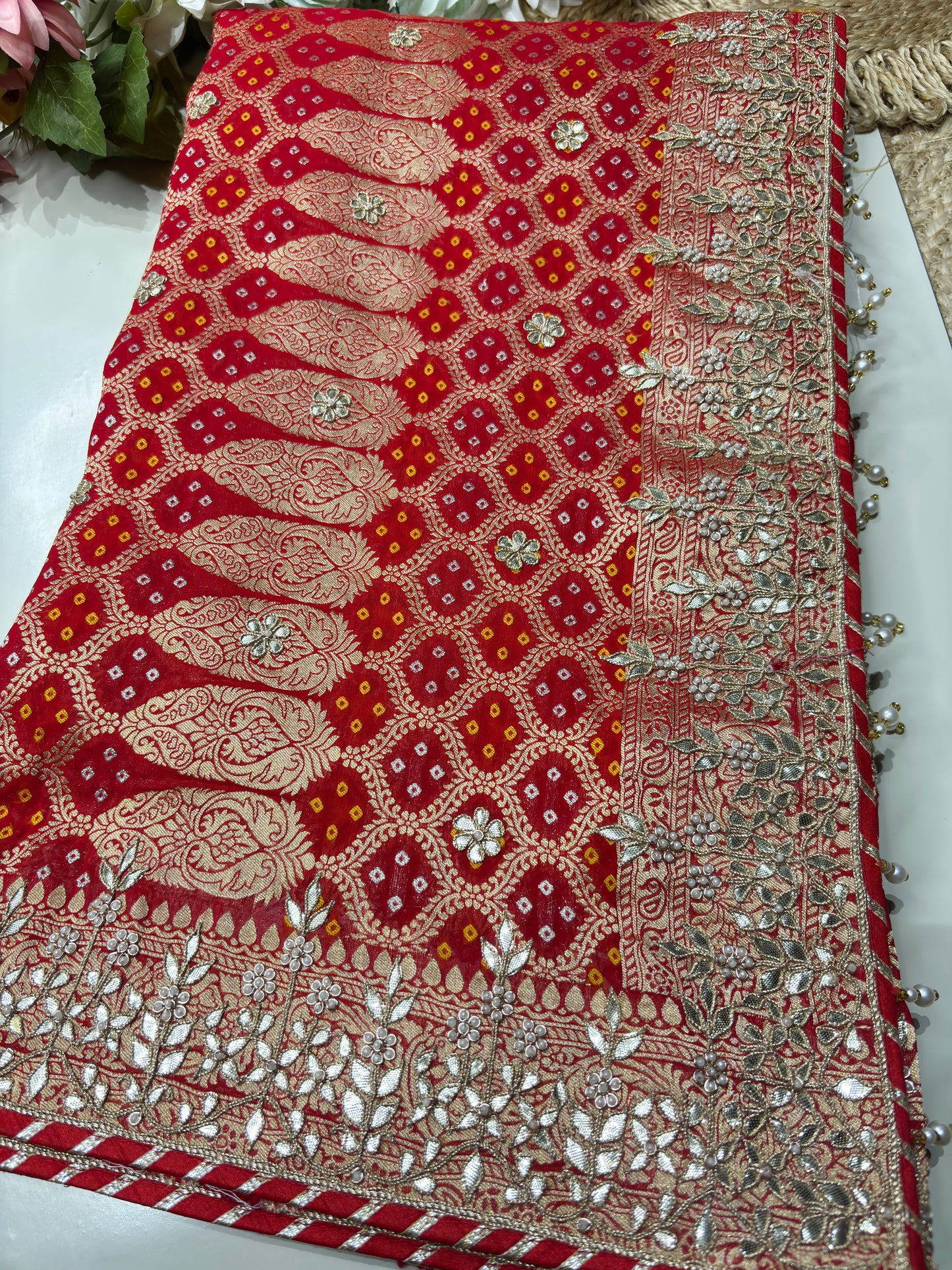 Red Designer Woven Saree with Heavy Zari Work Border & Floral Motifs