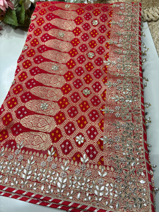 Red Designer Woven Saree with Heavy Zari Work Border & Floral Motifs