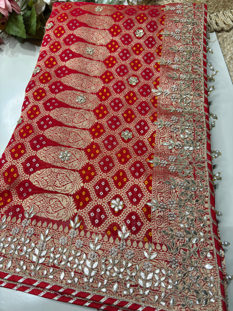Red Designer Woven Saree with Heavy Zari Work Border & Floral Motifs