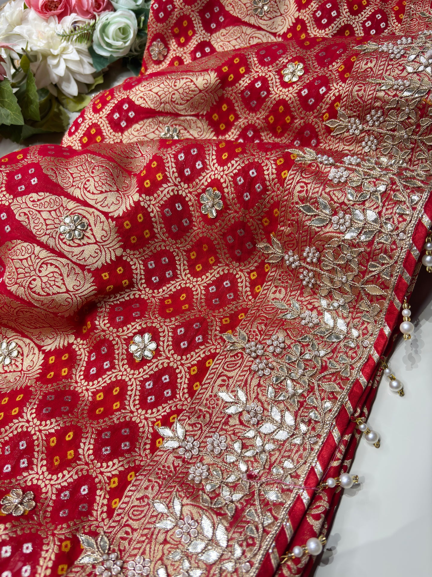 Red Designer Woven Saree with Heavy Zari Work Border & Floral Motifs