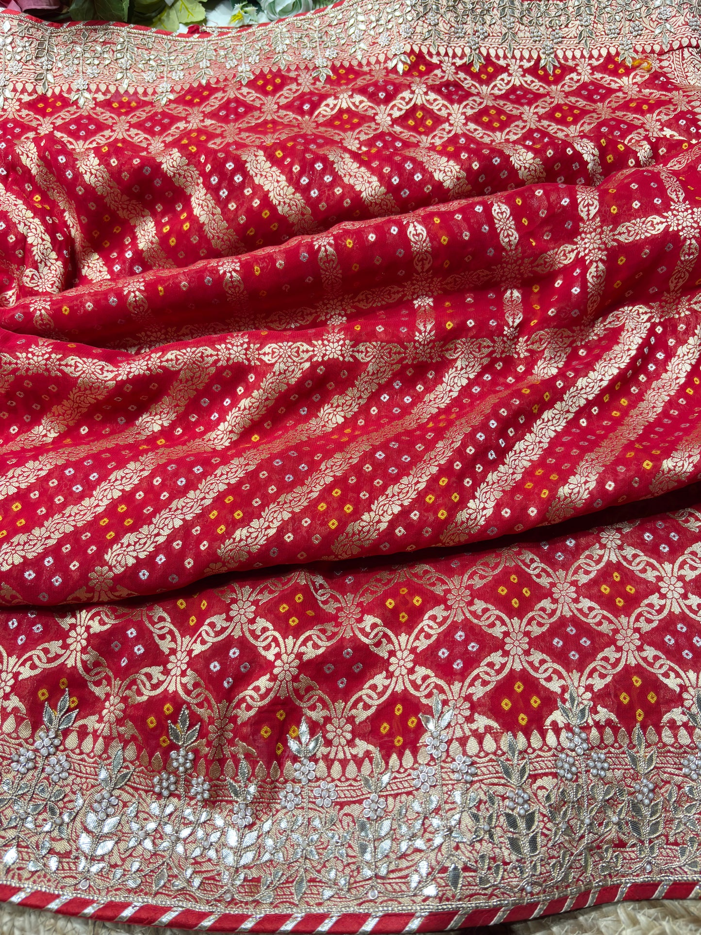Red Designer Woven Saree with Heavy Zari Work Border & Floral Motifs