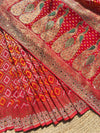 Royal Red Bandhani Saree with Peacock Embroidery & Heavy Zari Border