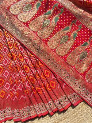 Royal Red Bandhani Saree with Peacock Embroidery & Heavy Zari Border