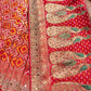 Royal Red Bandhani Saree with Peacock Embroidery & Heavy Zari Border