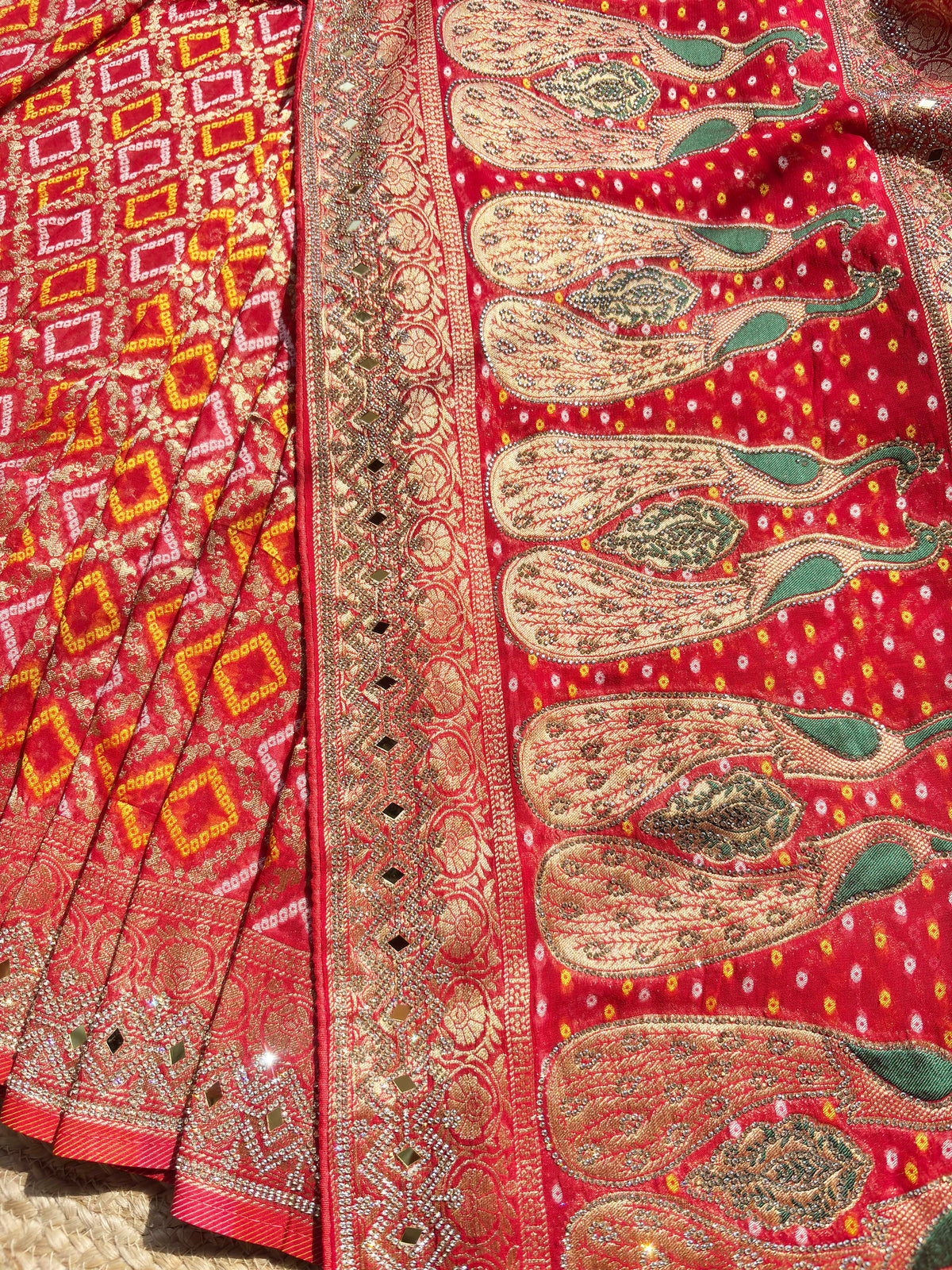 Royal Red Bandhani Saree with Peacock Embroidery & Heavy Zari Border