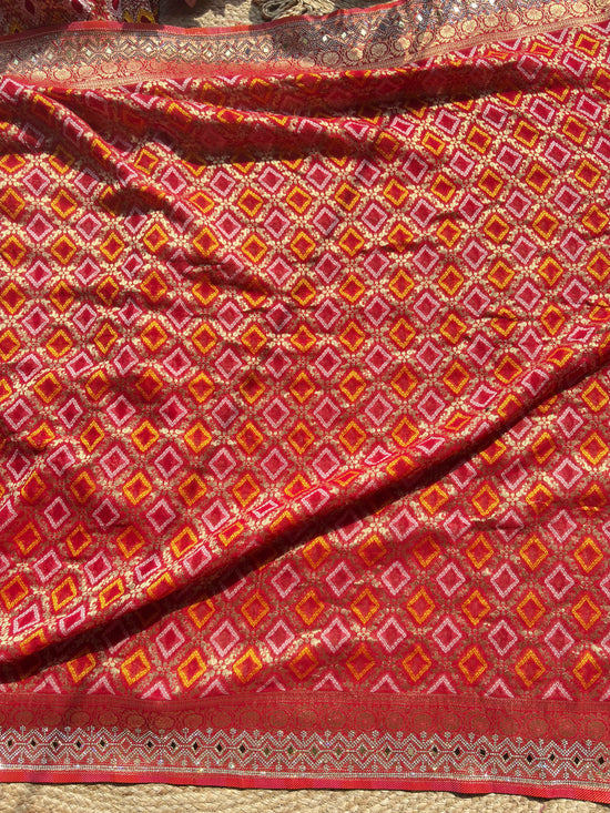 Royal Red Bandhani Saree with Peacock Embroidery & Heavy Zari Border ...