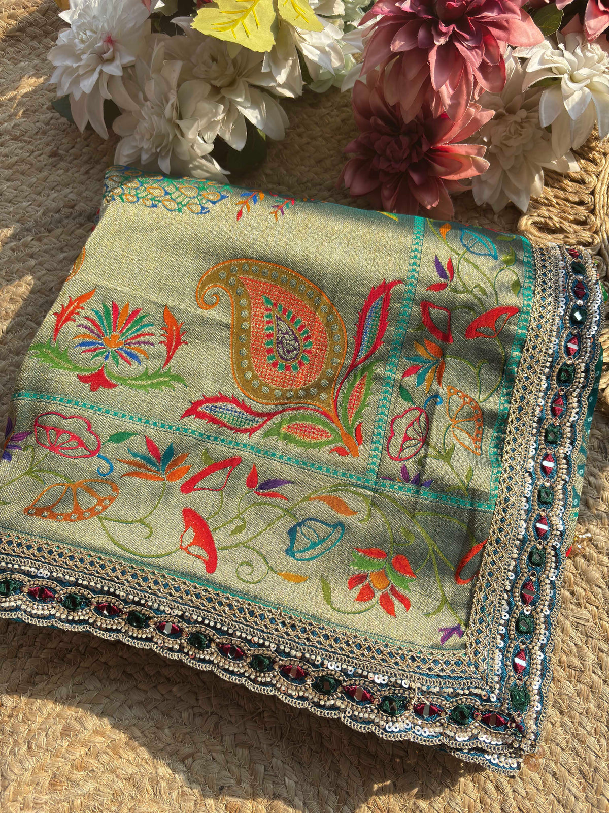 Designer Saree with Multicolor Floral Motifs & Heavy Embroidered Blouse