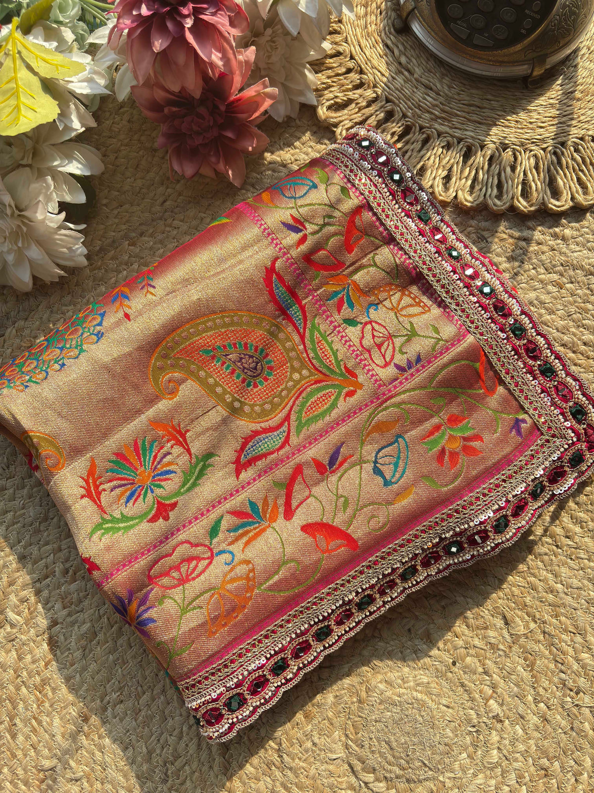 Designer Saree with Multicolor Floral & Peacock Motifs and Embroidered Blouse