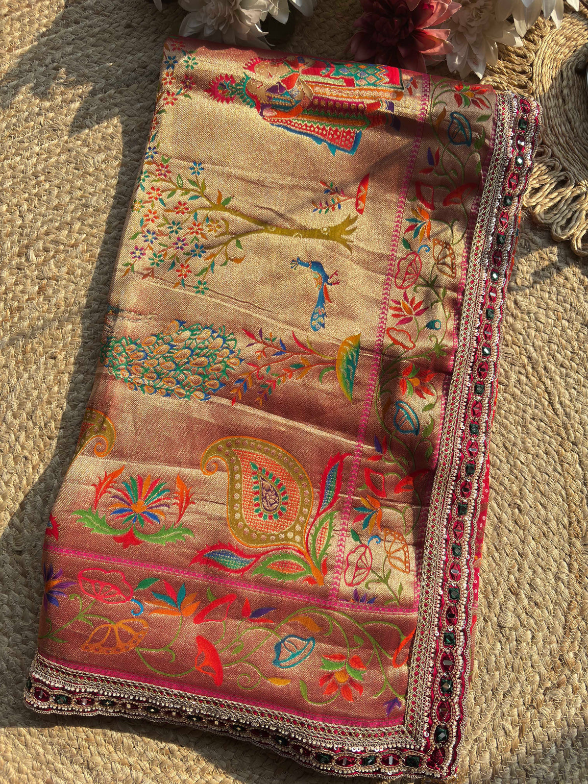 Designer Saree with Multicolor Floral & Peacock Motifs and Embroidered Blouse